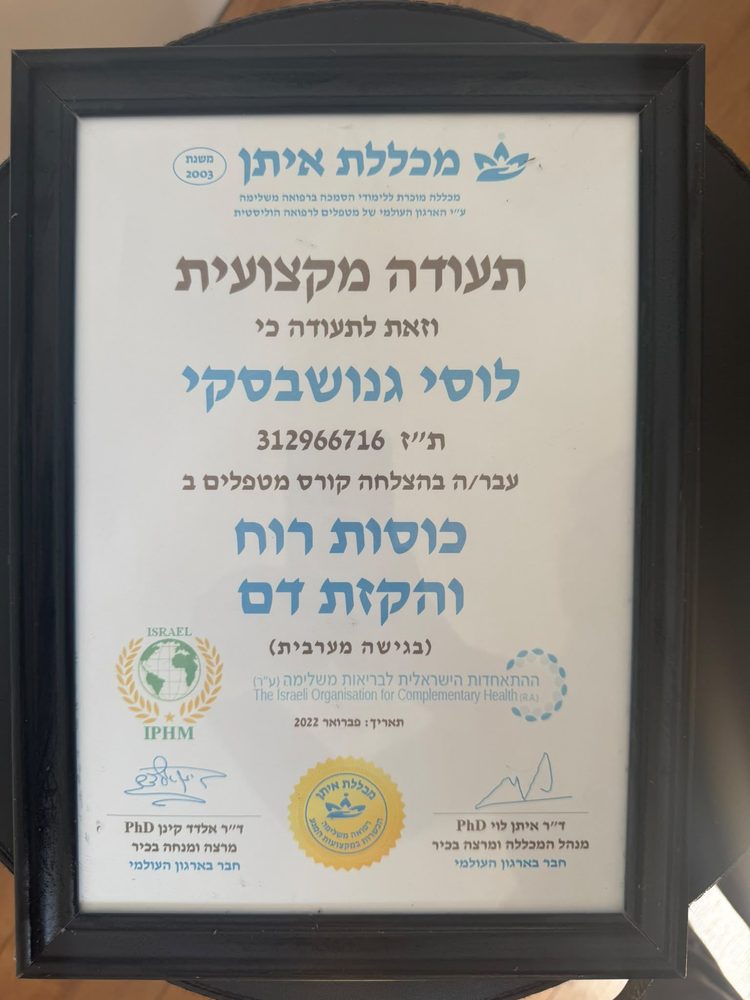 תעודה: כוסות רוח והקזת דם, ההתאחדות הישראלית לבריאות משלימה